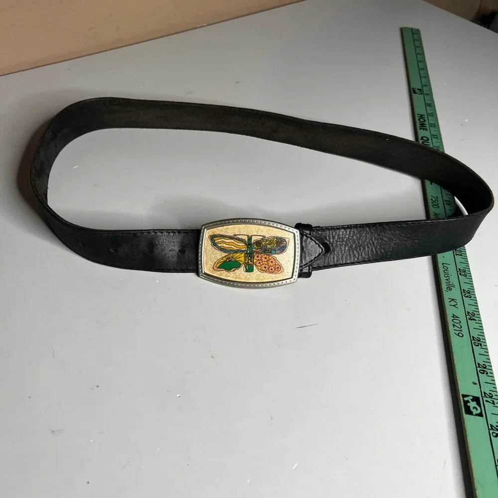 Vintage 7Up Soda Butterfly Bottle Belt Black Leather Retro 70s Advertising 35in